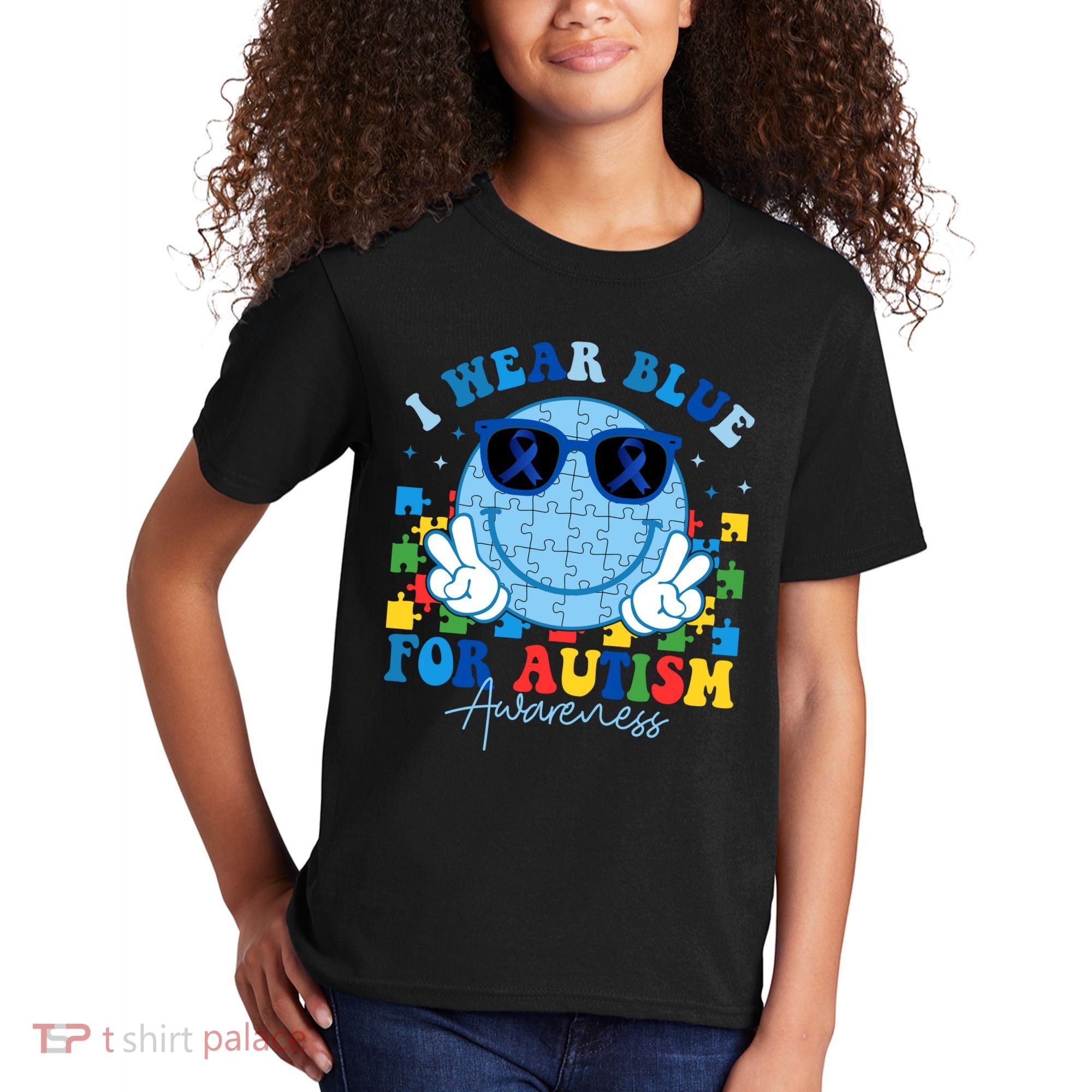 I Wear Blue For Autism Awareness Month Smile Face Peace Puzzle Kids T-Shirt