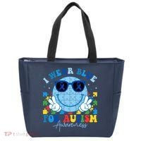 I Wear Blue For Autism Awareness Month Smile Face Peace Puzzle Tote Bag thumb 0