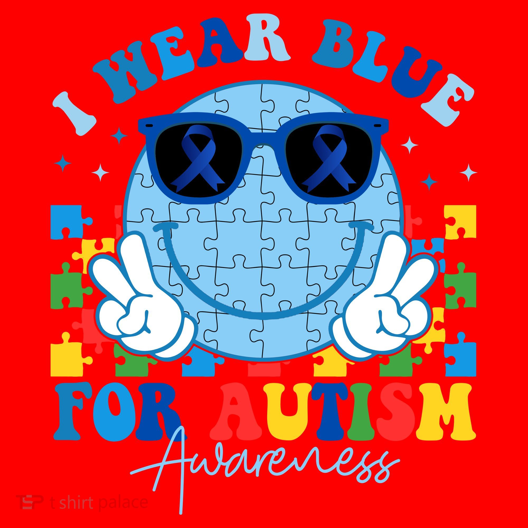 I Wear Blue For Autism Awareness Month Smile Face Peace Puzzle Santa Hat
