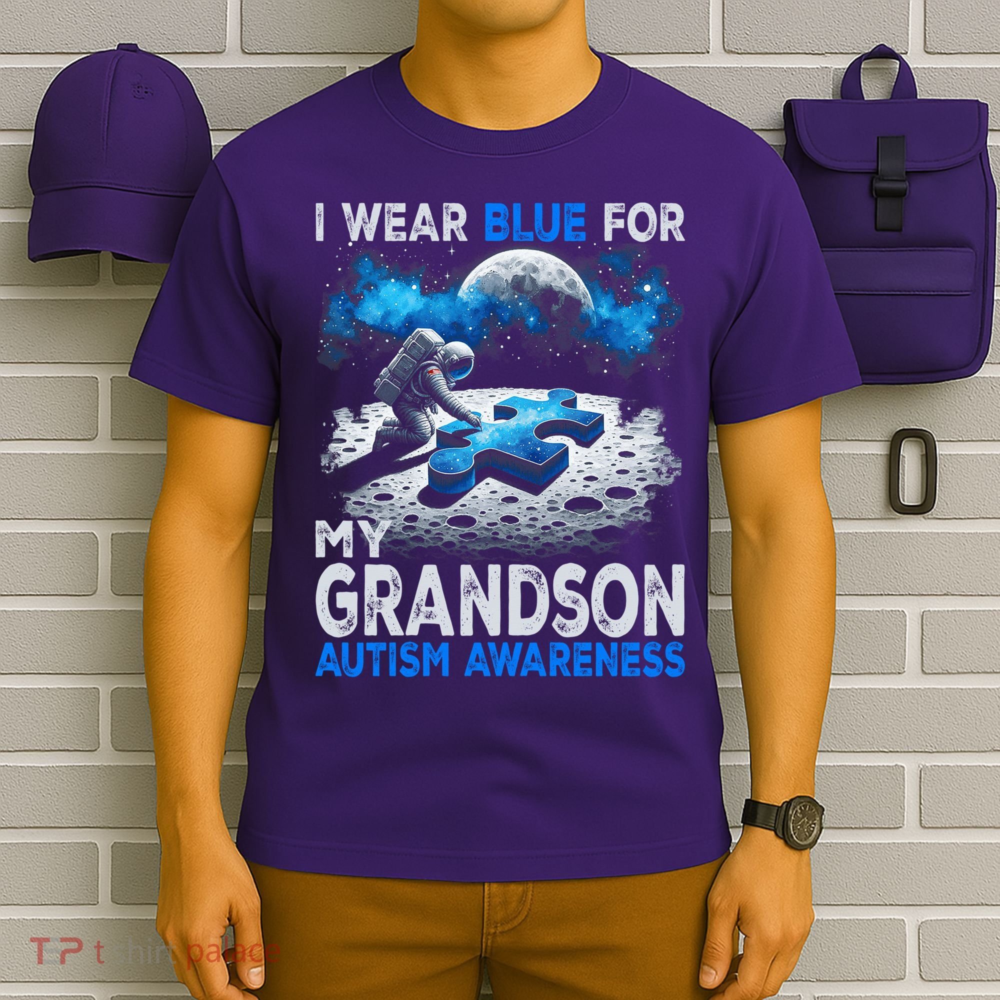 I Wear Blue For My Grandson Autism Awareness Astronaut T-Shirt