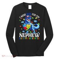 I Wear Blue For My Nephew Autism Awareness Dinosaur Long Sleeve Shirt thumb 0