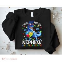 I Wear Blue For My Nephew Autism Awareness Dinosaur Sweatshirt thumb 2