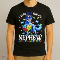 I Wear Blue For My Nephew Autism Awareness Dinosaur T-Shirt thumb 3