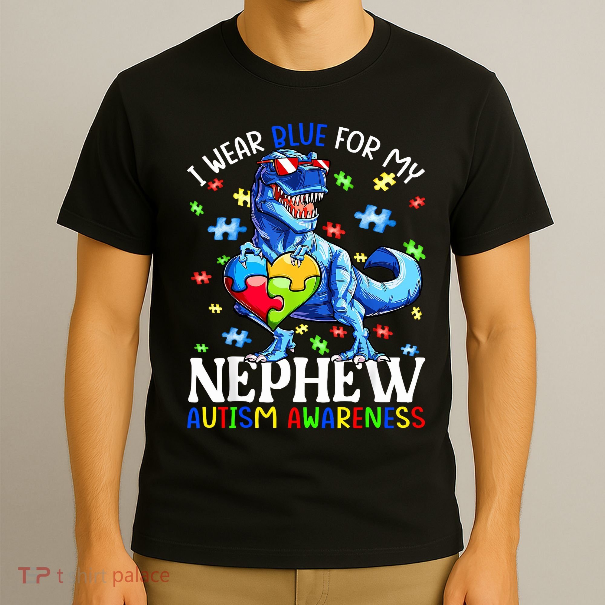 I Wear Blue For My Nephew Autism Awareness Dinosaur T-Shirt