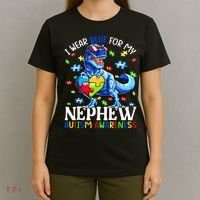I Wear Blue For My Nephew Autism Awareness Dinosaur T-Shirt thumb 4