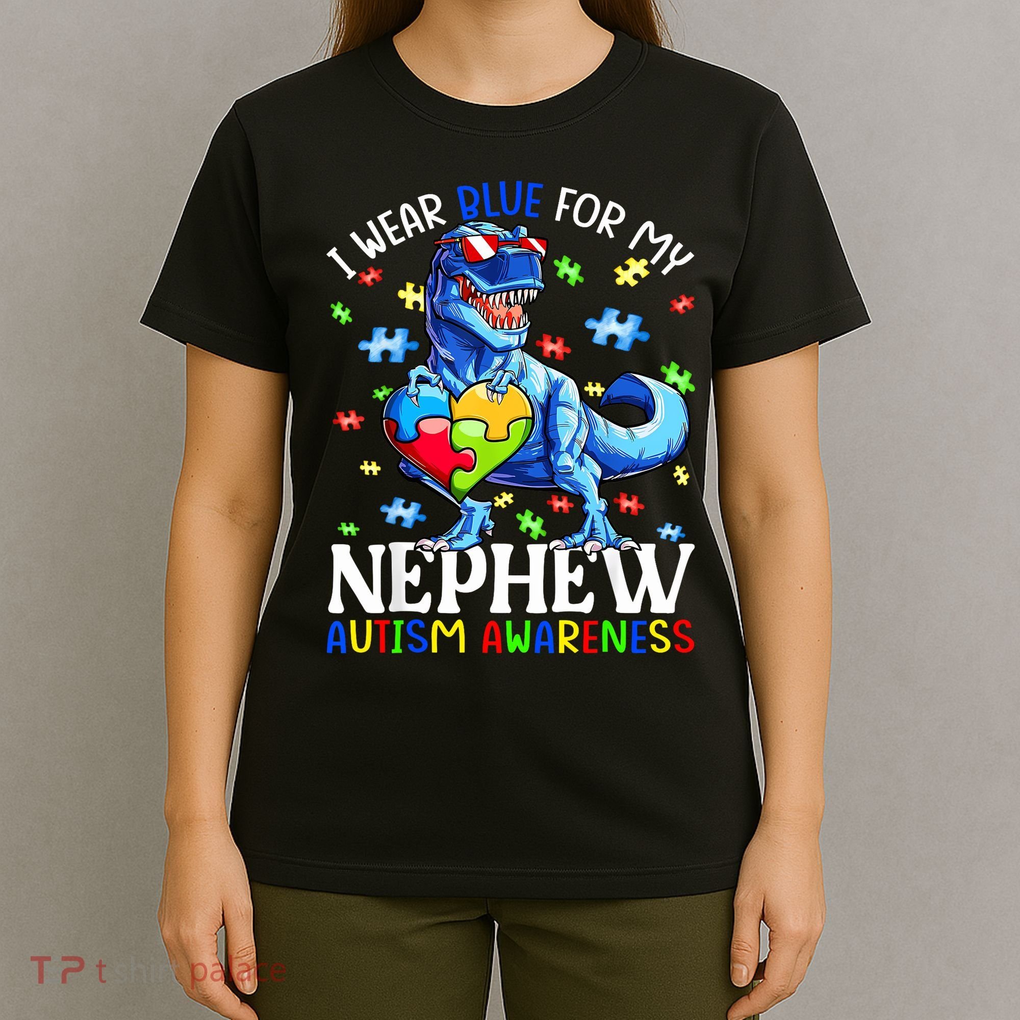 I Wear Blue For My Nephew Autism Awareness Dinosaur T-Shirt