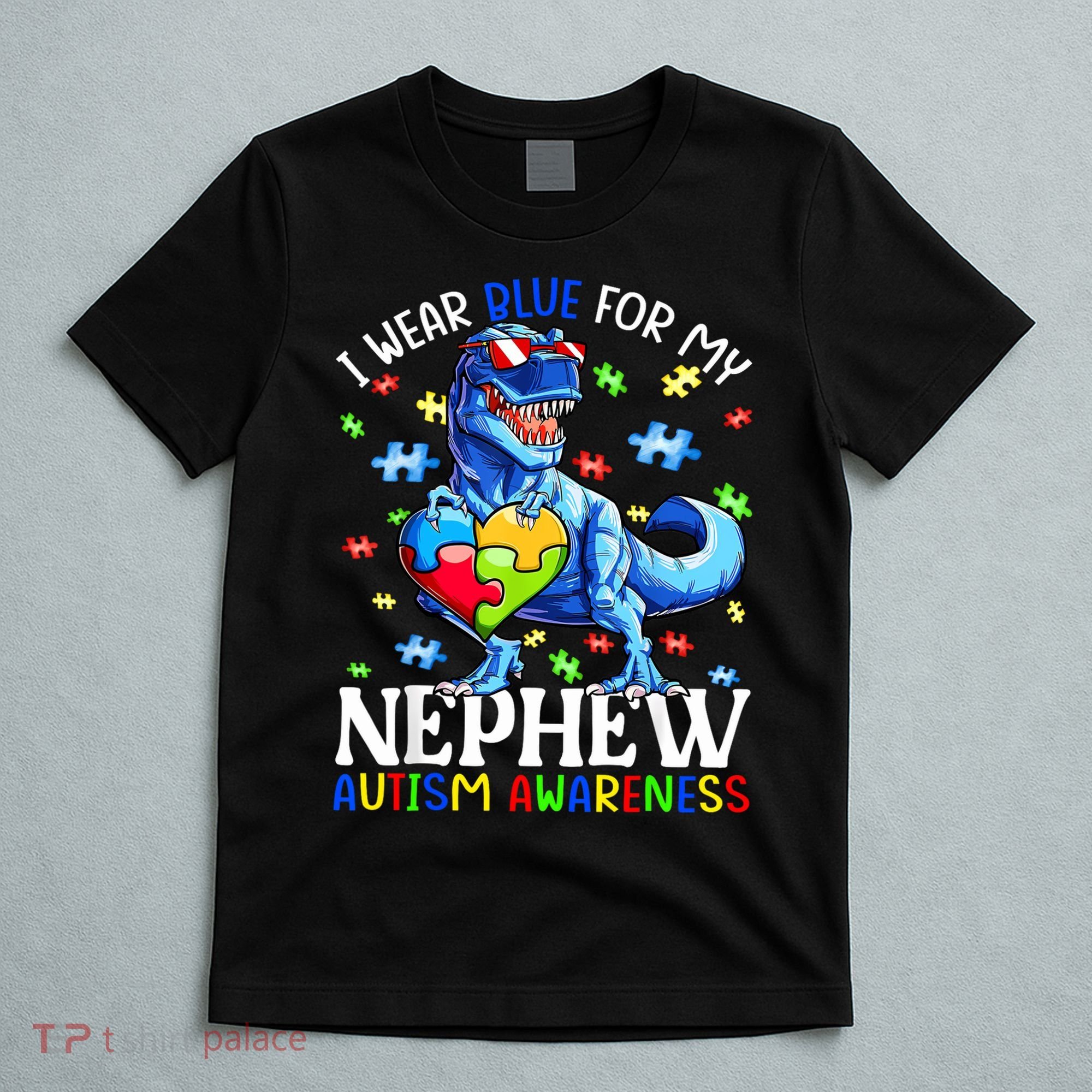 I Wear Blue For My Nephew Autism Awareness Dinosaur T-Shirt