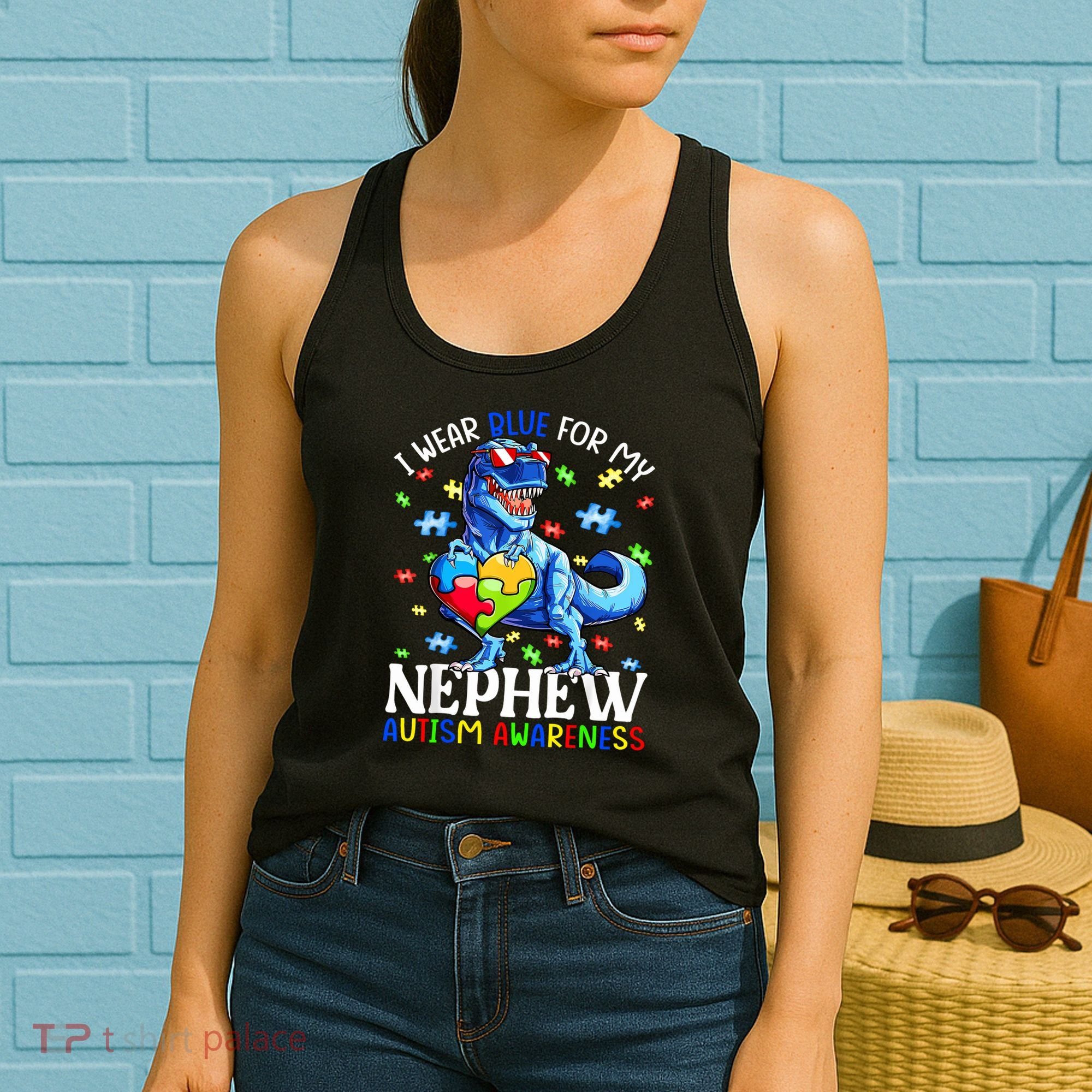 I Wear Blue For My Nephew Autism Awareness Dinosaur Women's Tank Top