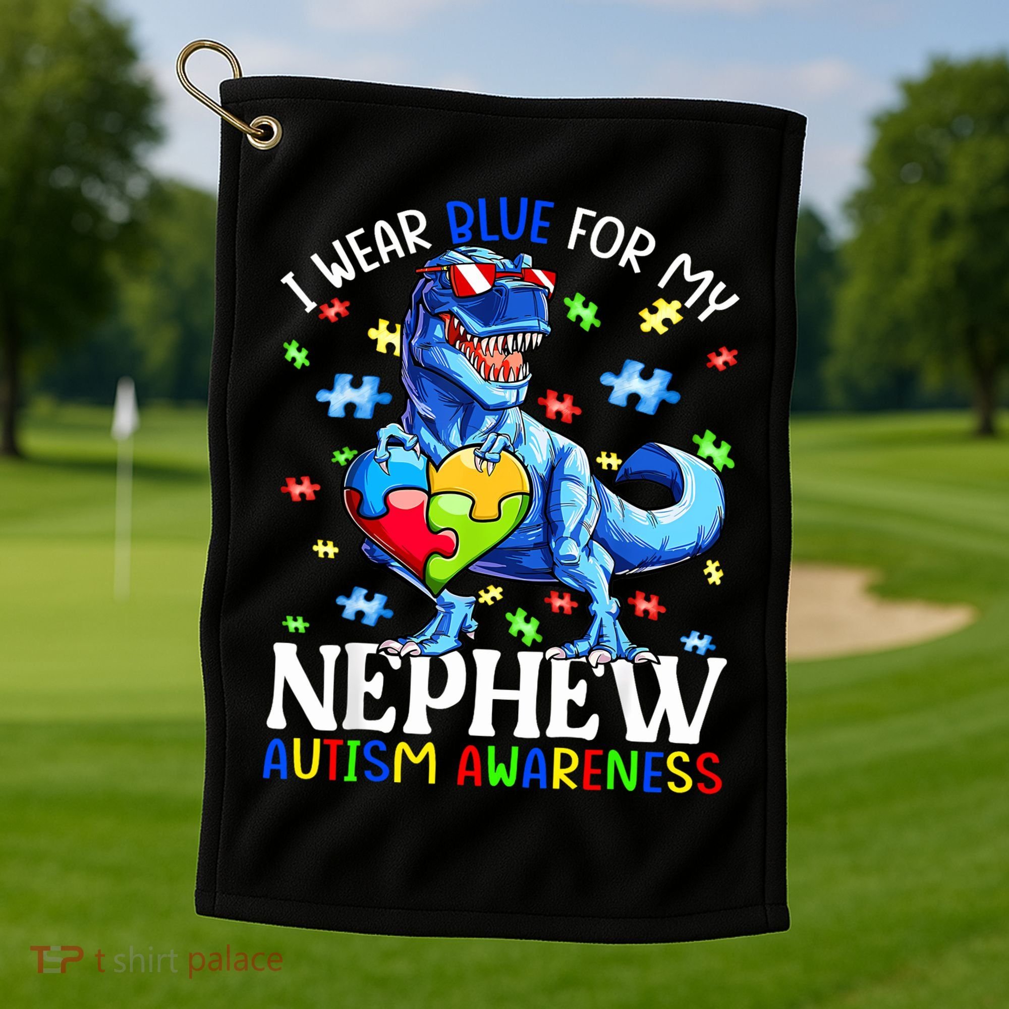 I Wear Blue For My Nephew Autism Awareness Dinosaur Golf Towel