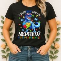 I Wear Blue For My Nephew Autism Awareness Dinosaur Women's T-Shirt thumb 2