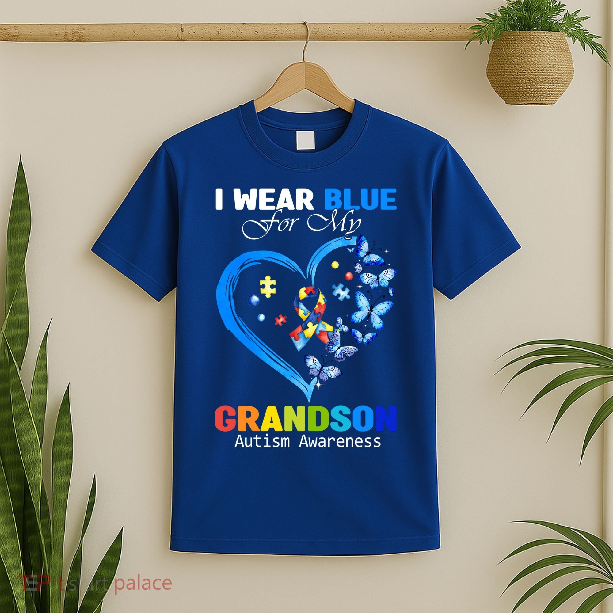 I Wear Blue For My Grandson Autism Awareness Heart Ribbon Gift T-Shirt