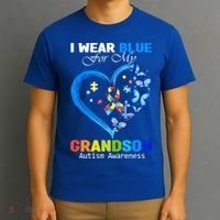 I Wear Blue For My Grandson Autism Awareness Heart Ribbon Gift T-Shirt thumb 3