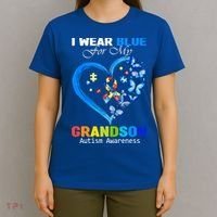I Wear Blue For My Grandson Autism Awareness Heart Ribbon Gift T-Shirt thumb 4