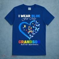 I Wear Blue For My Grandson Autism Awareness Heart Ribbon Gift T-Shirt thumb 5