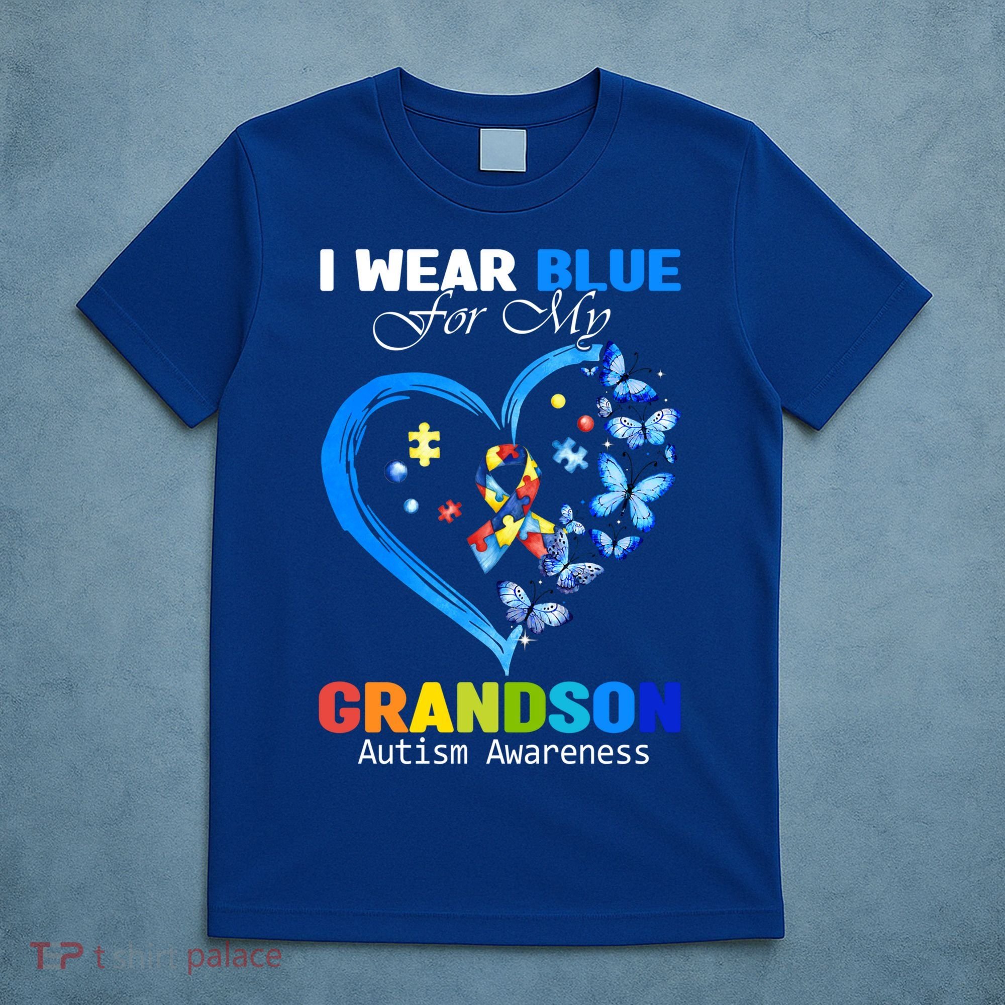 I Wear Blue For My Grandson Autism Awareness Heart Ribbon Gift T-Shirt