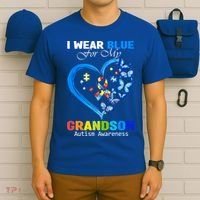 I Wear Blue For My Grandson Autism Awareness Heart Ribbon Gift T-Shirt thumb 6