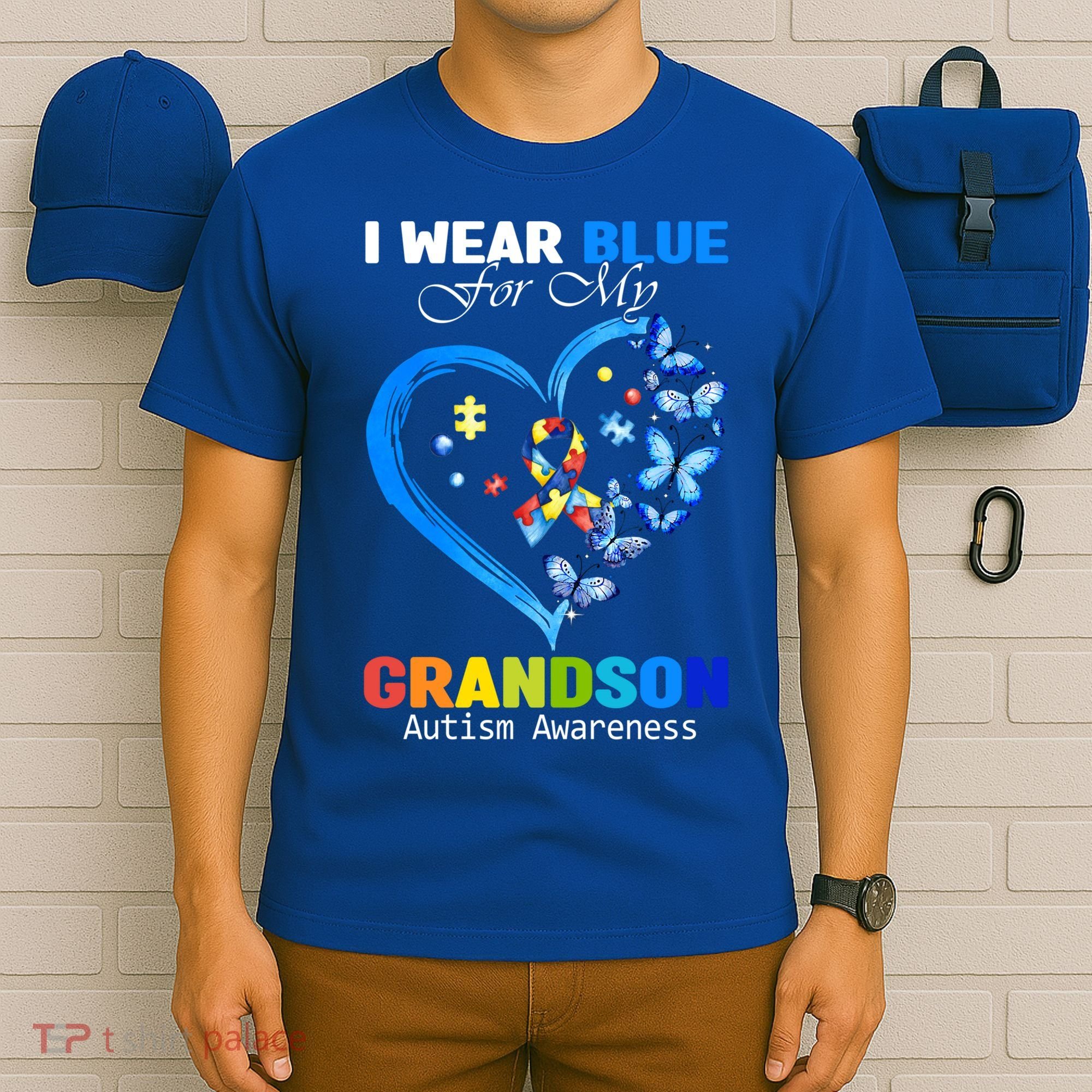 I Wear Blue For My Grandson Autism Awareness Heart Ribbon Gift T-Shirt