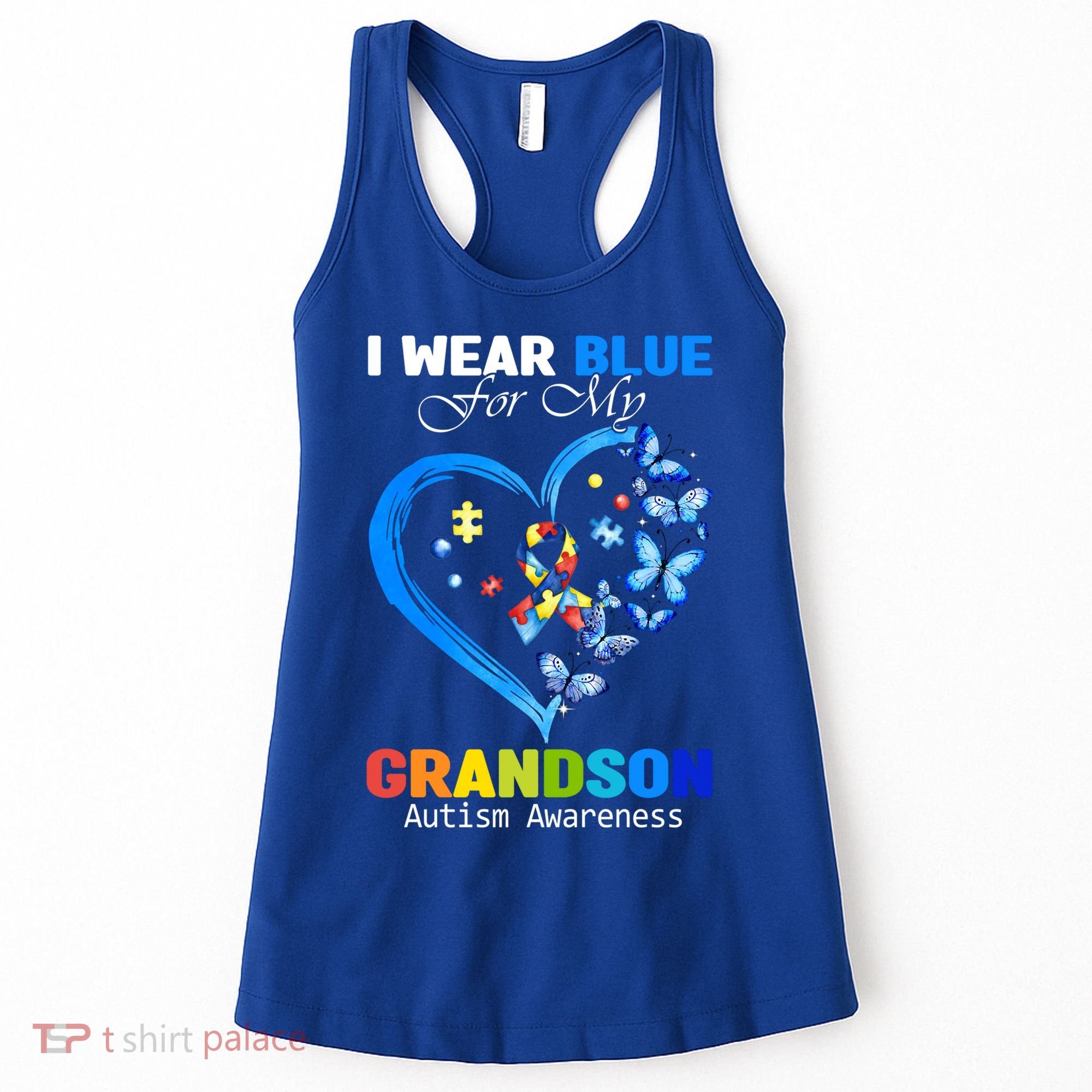 I Wear Blue For My Grandson Autism Awareness Heart Ribbon Gift Women's Tank Top