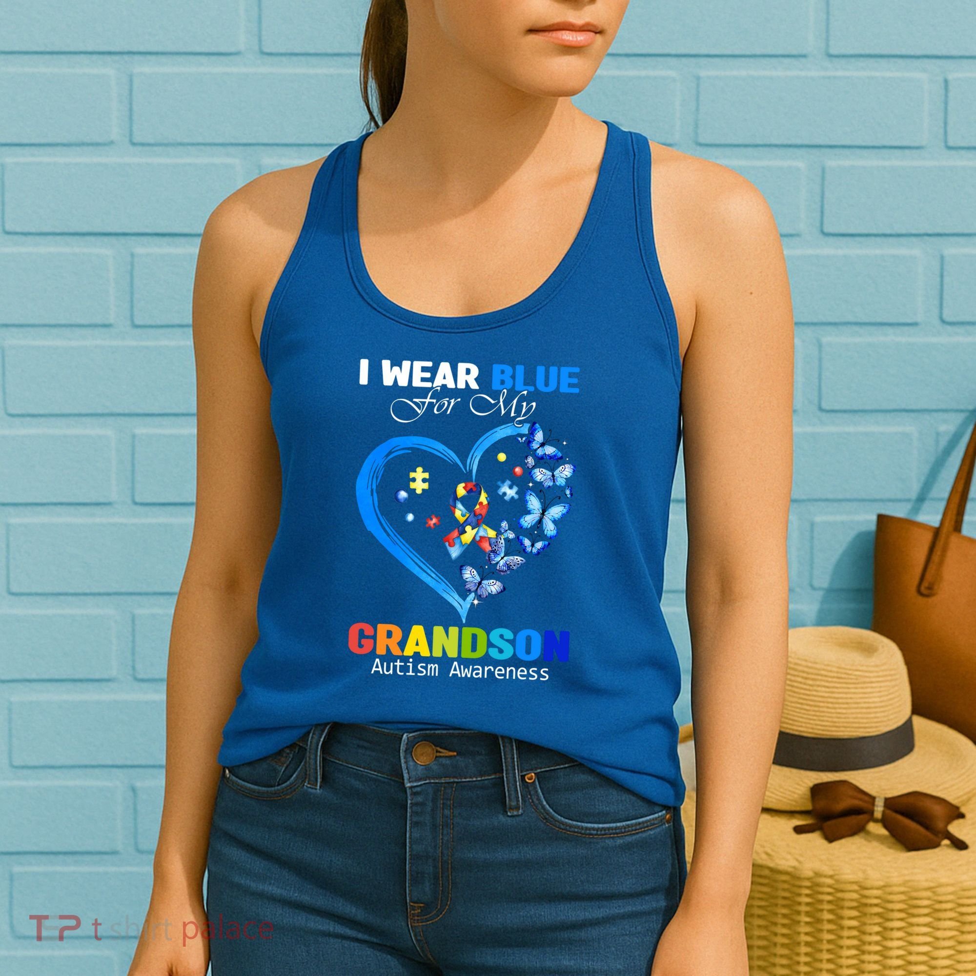 I Wear Blue For My Grandson Autism Awareness Heart Ribbon Gift Women's Tank Top