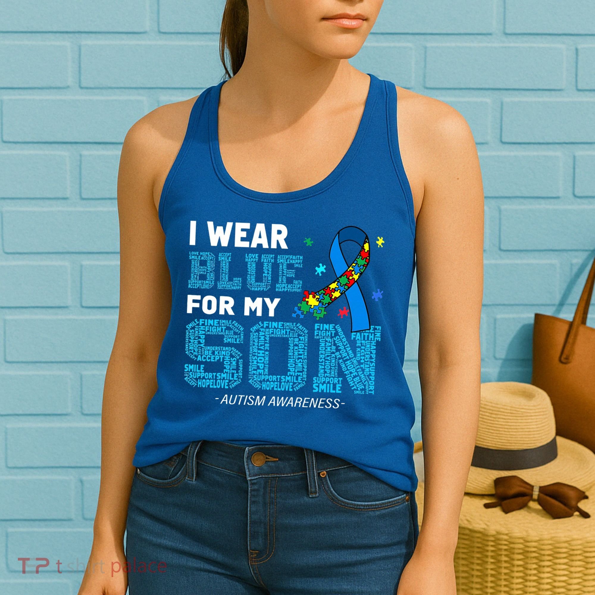 I Wear Blue For My Son Autism Awareness Mom Dad Women's Tank Top