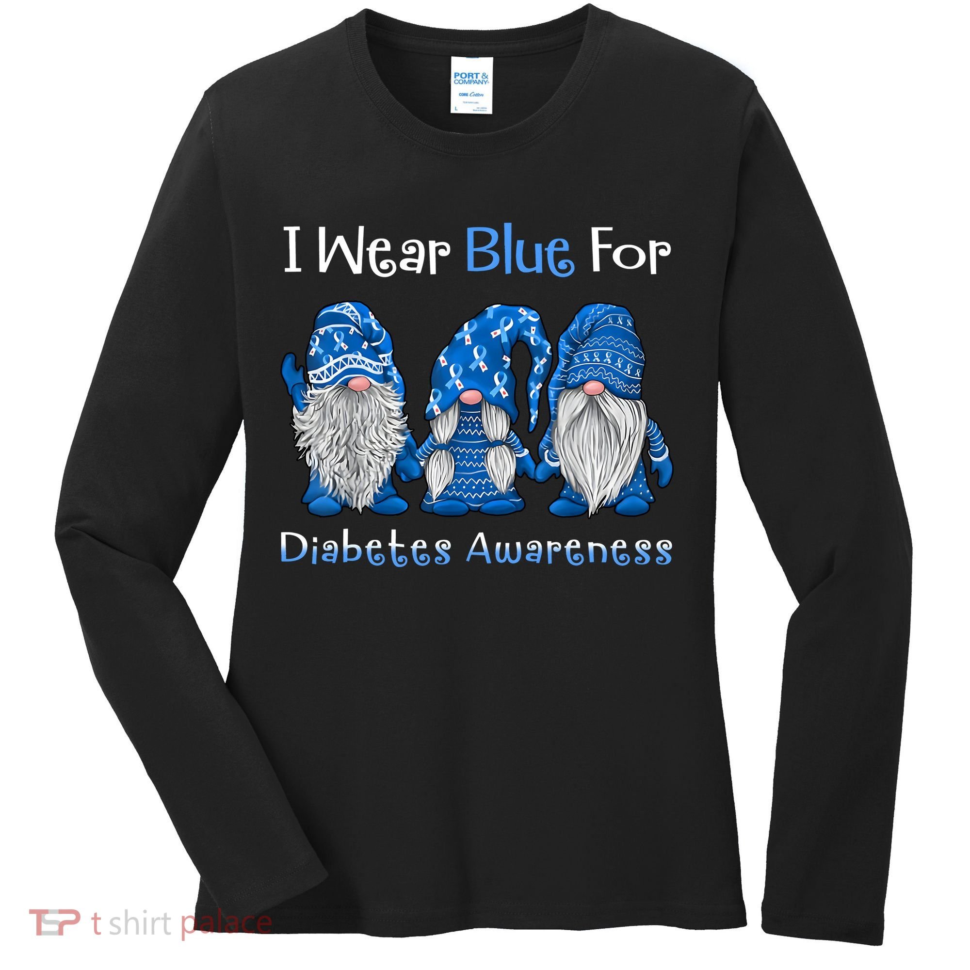 I Wear Blue For Diabetes Awareness Gnomes Blue Women's Long Sleeve Shirt