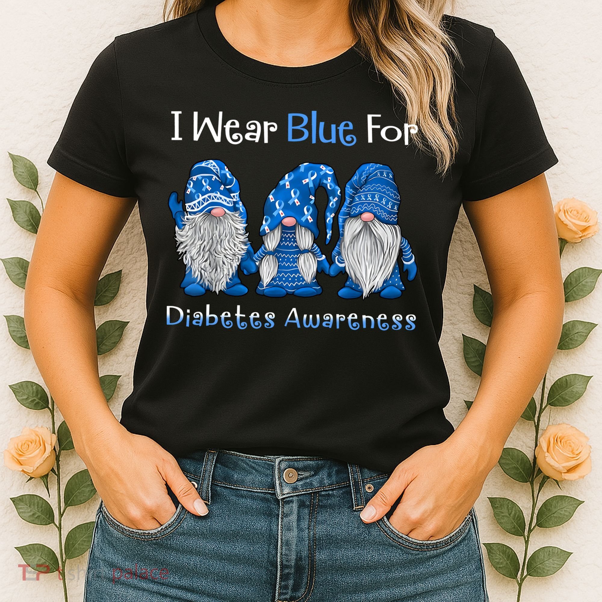 I Wear Blue For Diabetes Awareness Gnomes Blue Women's T-Shirt