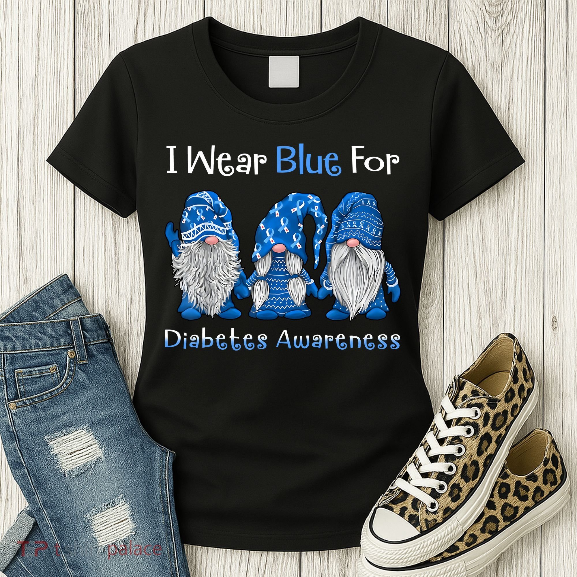 I Wear Blue For Diabetes Awareness Gnomes Blue Women's T-Shirt