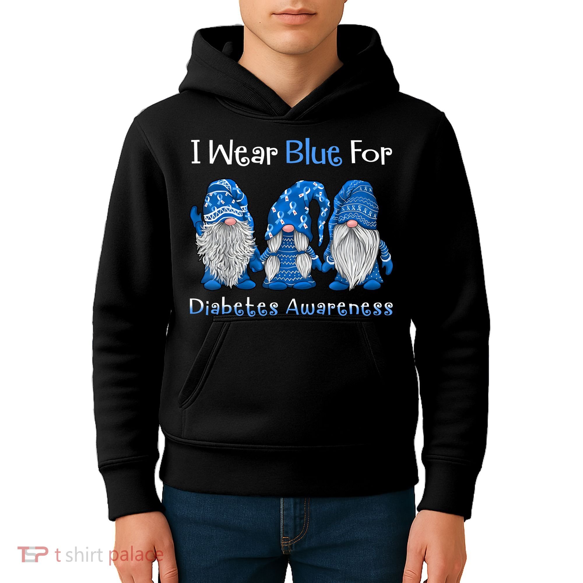 I Wear Blue For Diabetes Awareness Gnomes Blue Kids Hoodie