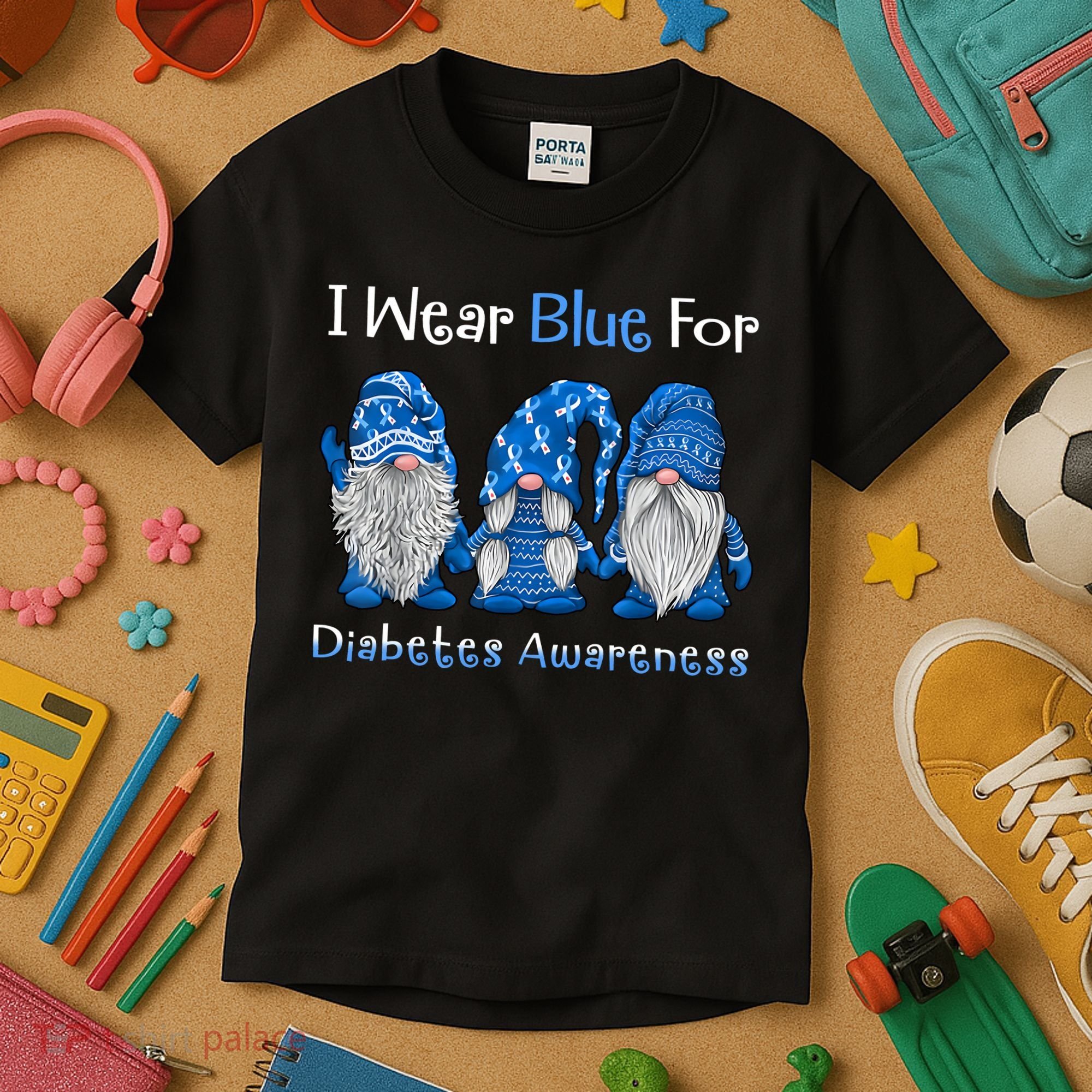I Wear Blue For Diabetes Awareness Gnomes Blue Kids T-Shirt
