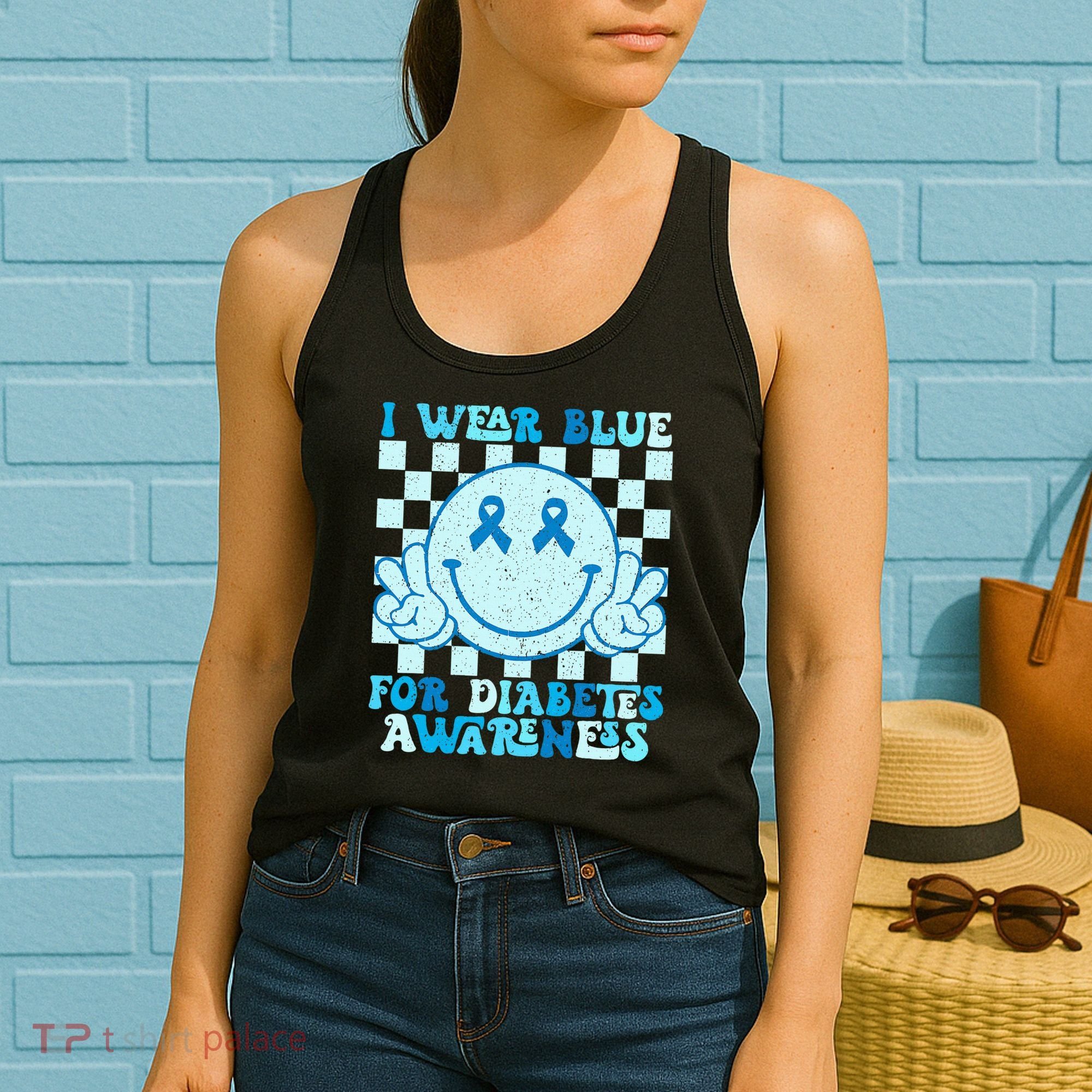 I Wear Blue For Diabetes Awareness month Smile Face Diabetic Women's Tank Top