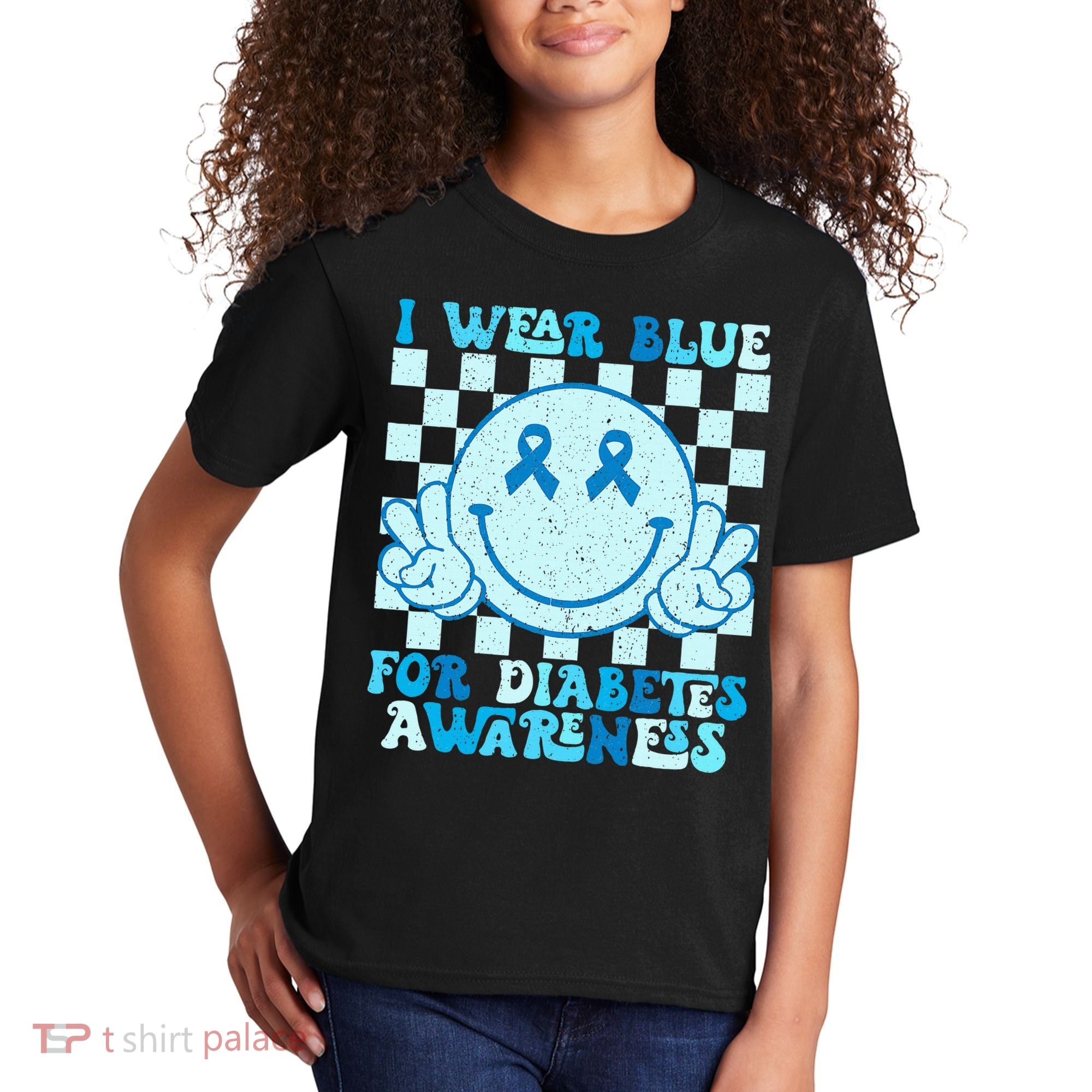 I Wear Blue For Diabetes Awareness month Smile Face Diabetic Kids T-Shirt