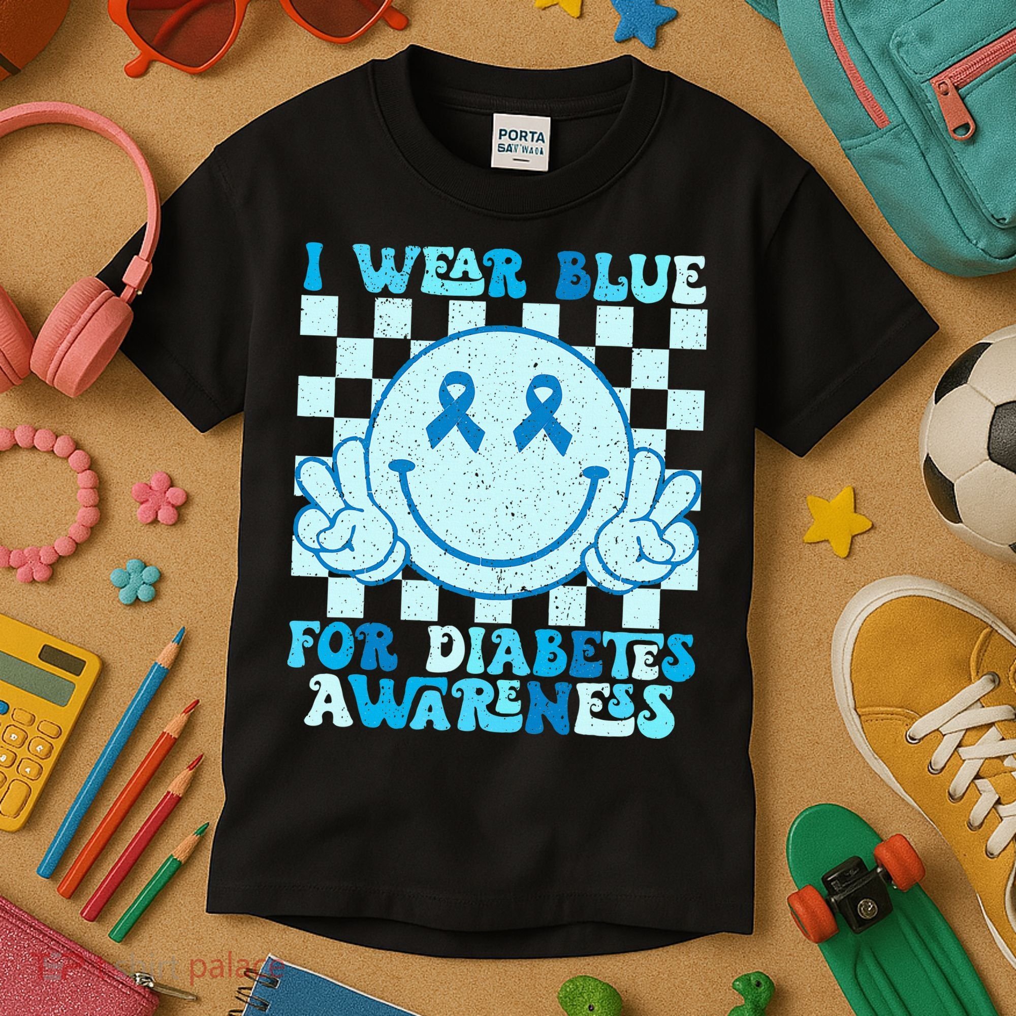 I Wear Blue For Diabetes Awareness month Smile Face Diabetic Kids T-Shirt