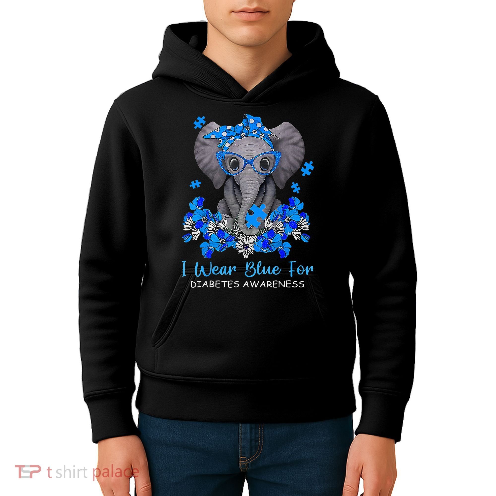 I Wear Blue For Diabetes Awareness Elephant Warrior Kids Hoodie