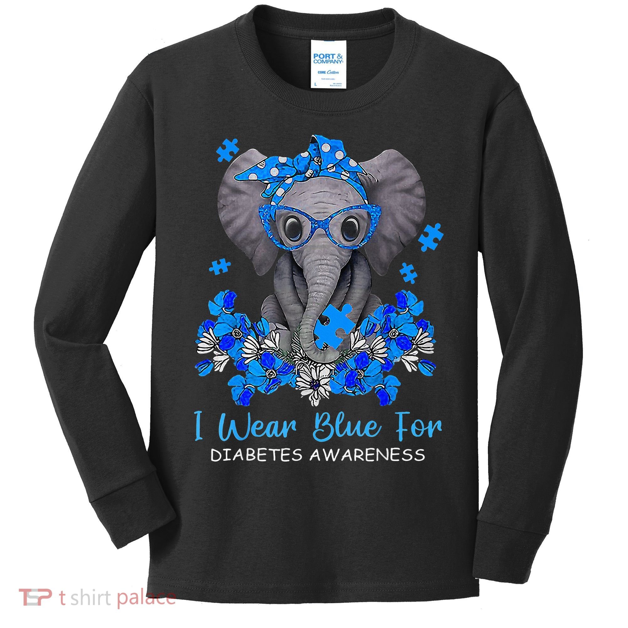 I Wear Blue For Diabetes Awareness Elephant Warrior Kids Long Sleeve Shirt