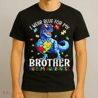 I Wear Blue For My Brother Autism Awareness Dinosaur T-Shirt thumb 3