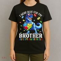 I Wear Blue For My Brother Autism Awareness Dinosaur T-Shirt thumb 4