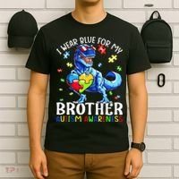 I Wear Blue For My Brother Autism Awareness Dinosaur T-Shirt thumb 6