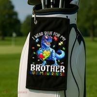 I Wear Blue For My Brother Autism Awareness Dinosaur Golf Towel thumb 2