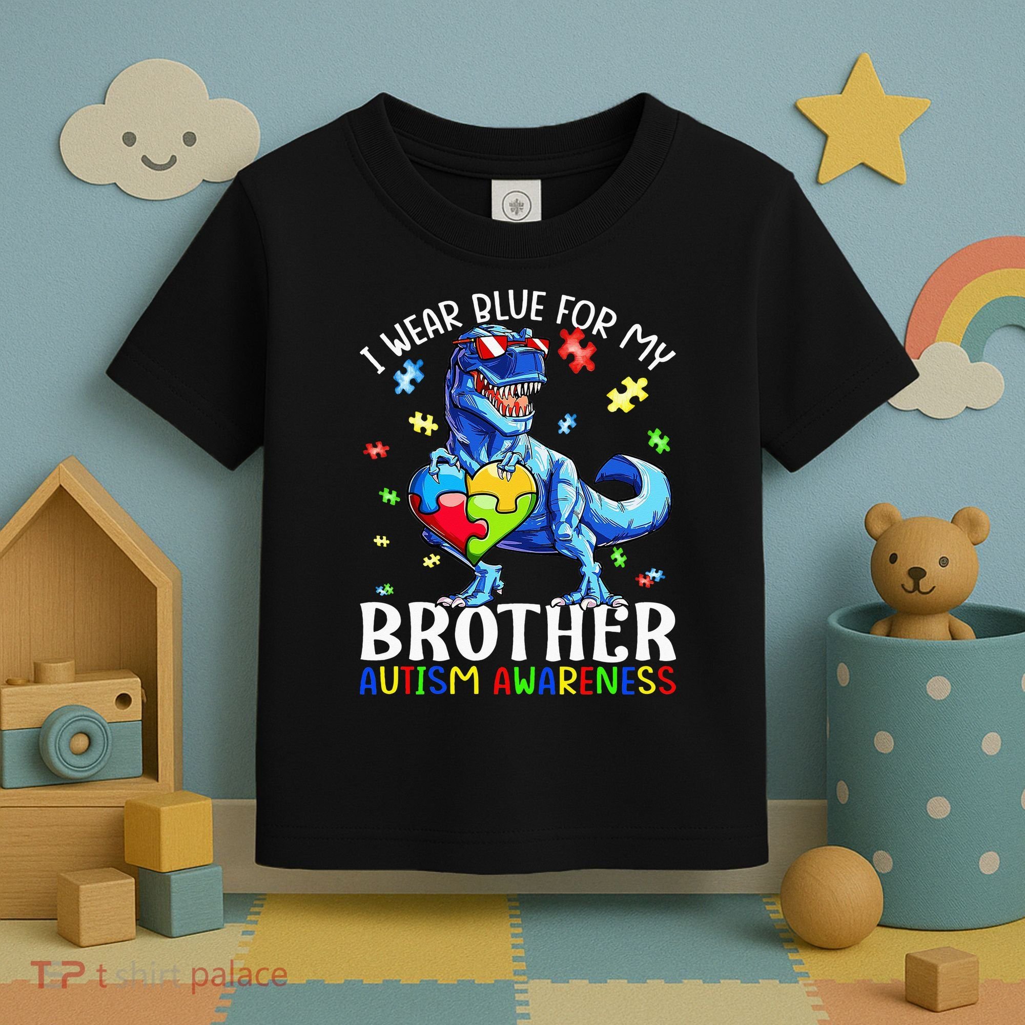 I Wear Blue For My Brother Autism Awareness Dinosaur Toddler T-Shirt