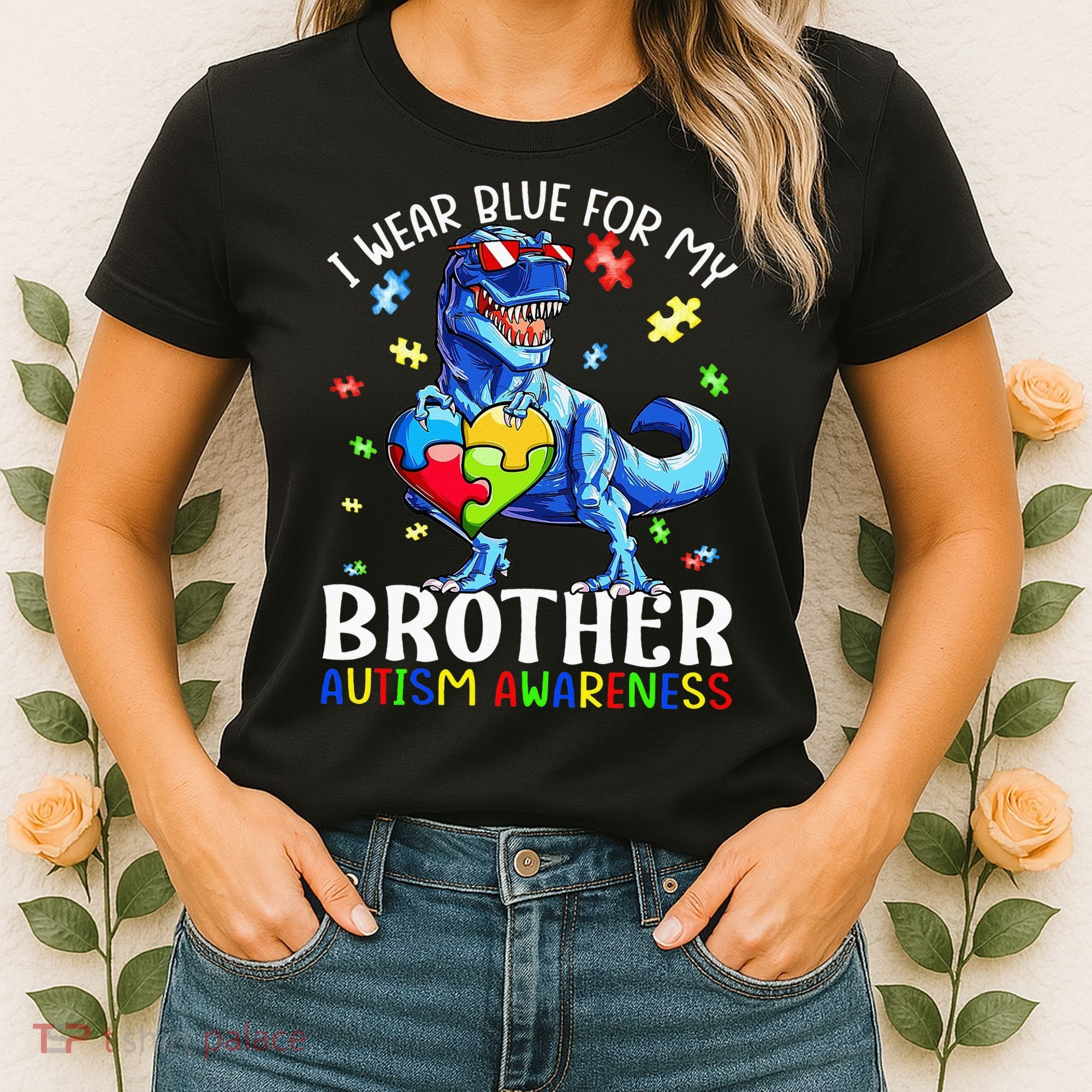 I Wear Blue For My Brother Autism Awareness Dinosaur Women's T-Shirt