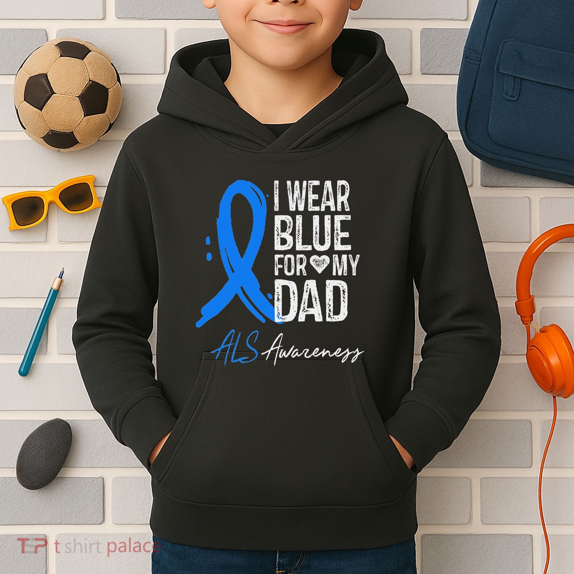 I Wear Blue For My Dad Als Awareness Kids Hoodie
