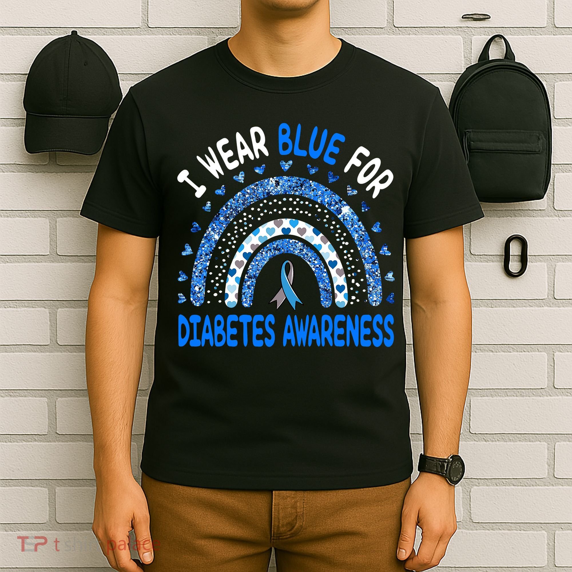 I Wear Blue For Diabetes Awareness Rainbow  T-Shirt
