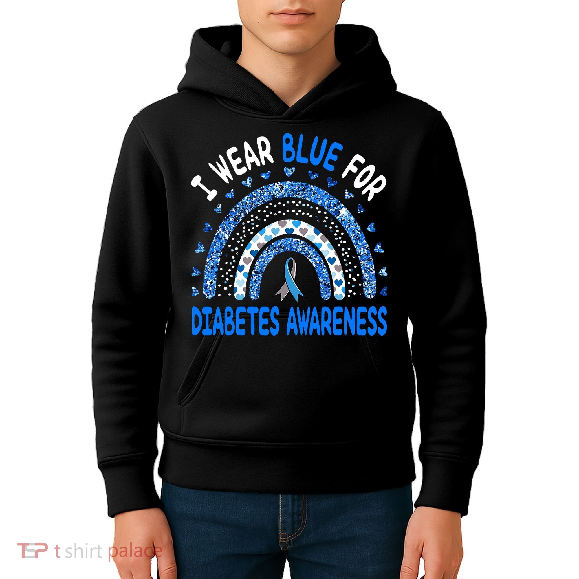 I Wear Blue For Diabetes Awareness Rainbow  Kids Hoodie