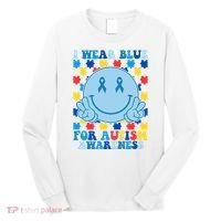 I Wear Blue For Autism Awareness Month Smile Peace Long Sleeve Shirt thumb 0