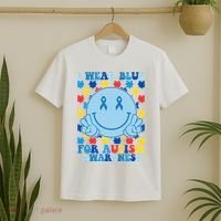 I Wear Blue For Autism Awareness Month Smile Peace T-Shirt thumb 2