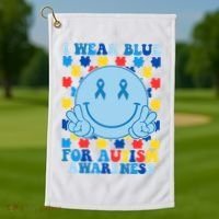 I Wear Blue For Autism Awareness Month Smile Peace Golf Towel thumb 1