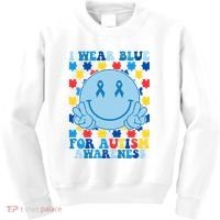 I Wear Blue For Autism Awareness Month Smile Peace Kids Sweatshirt thumb 0