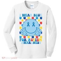 I Wear Blue For Autism Awareness Month Smile Peace Kids Long Sleeve Shirt thumb 0