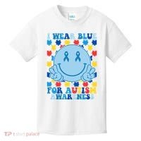 I Wear Blue For Autism Awareness Month Smile Peace Kids T-Shirt thumb 0
