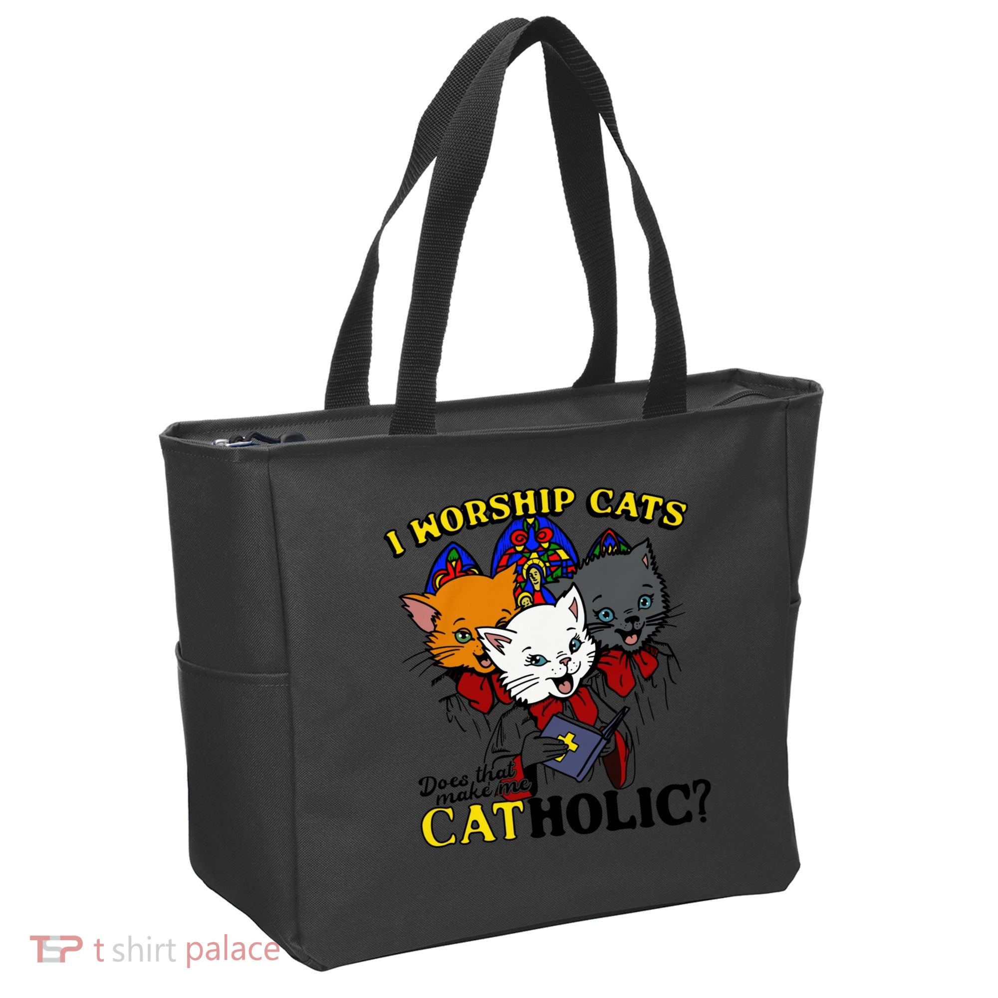 I Worship Cats Does That Make Me Catholic Funny Cat Lovers Tote Bag